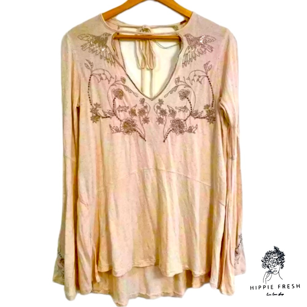Free People Blush Long Sleeve Embellished T Shirt Size L